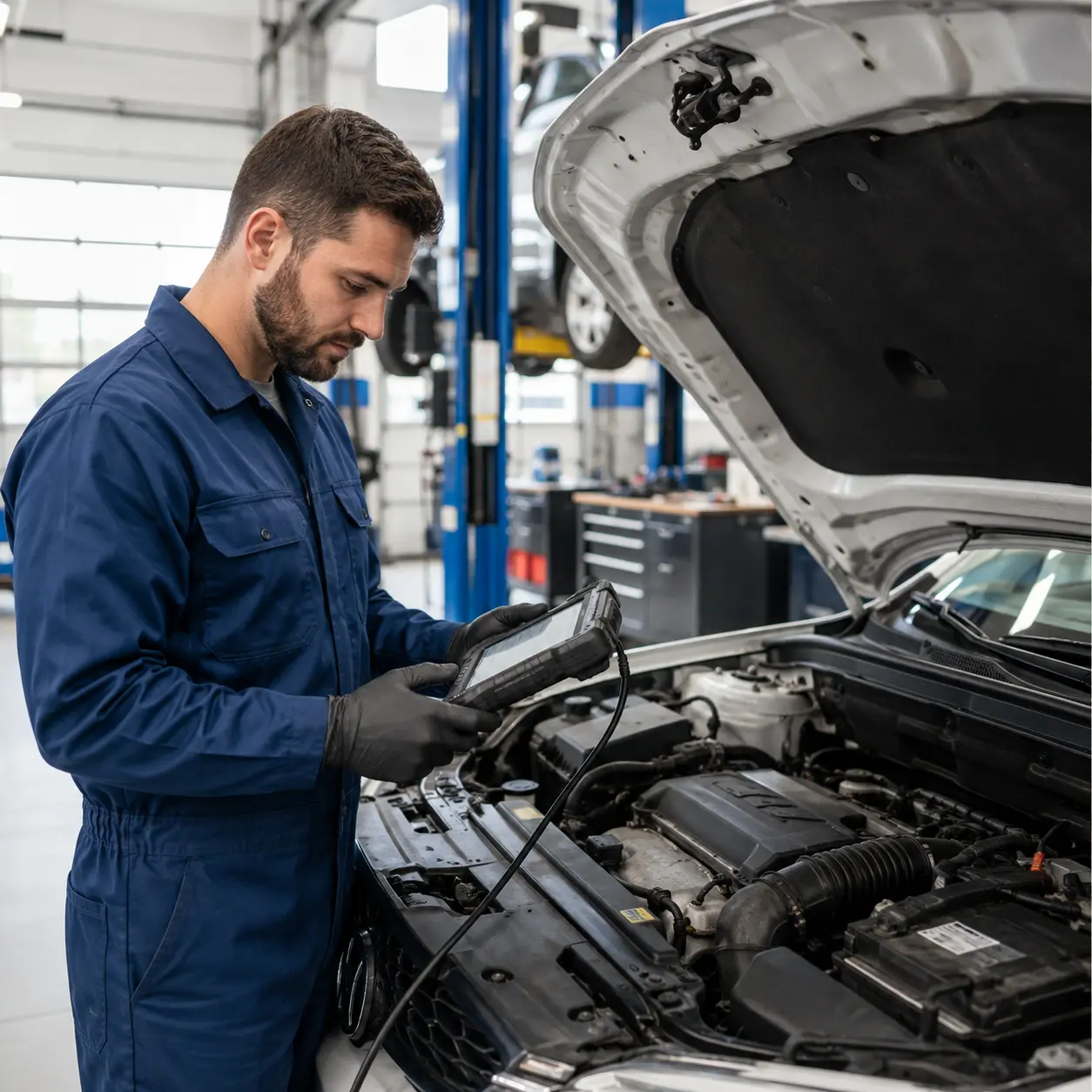 Technician running a diagnostic scanner on an engine bay