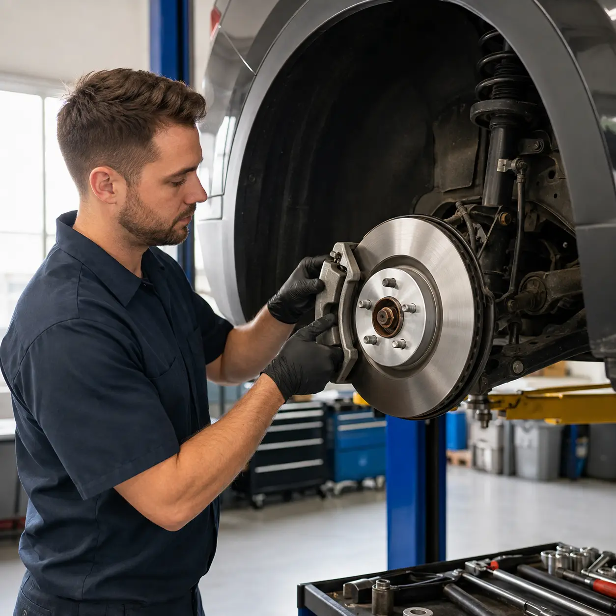 Technician inspecting a brake rotor and caliper on a lifted vehicle