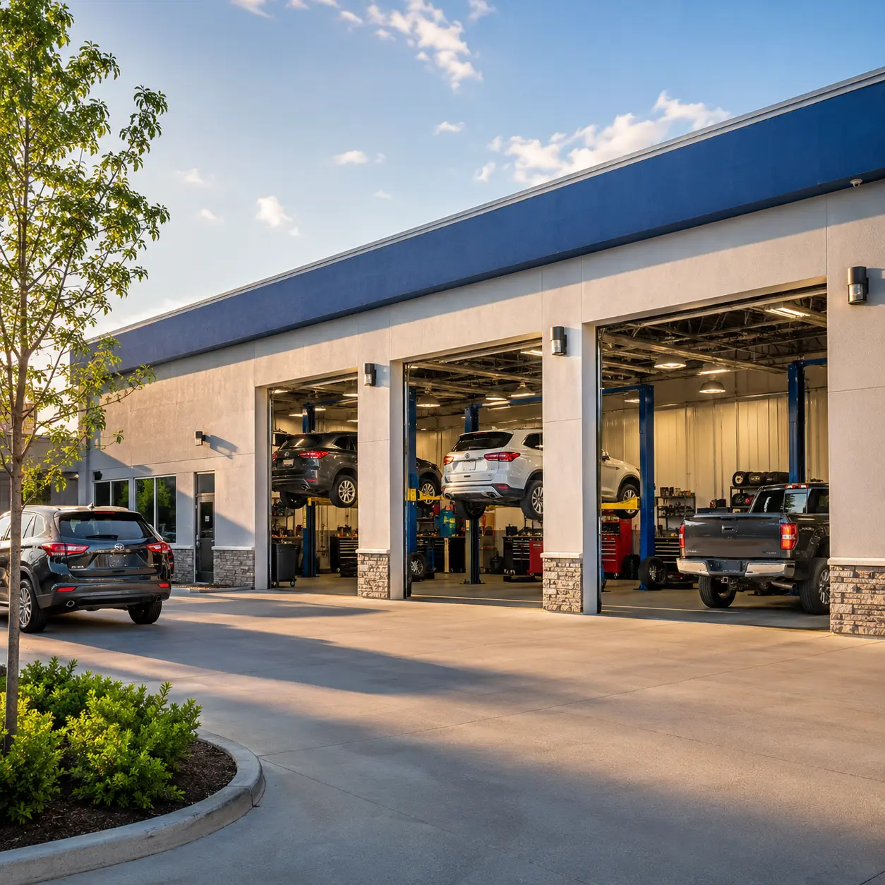 Auto repair shop exterior with open service bays