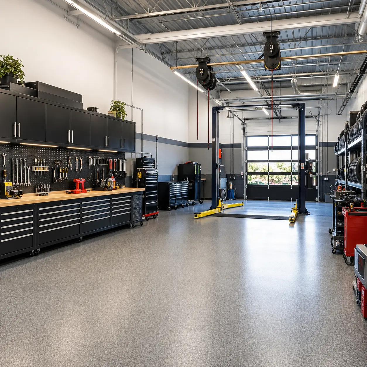 Clean, well-equipped auto repair shop interior with lift and tool wall